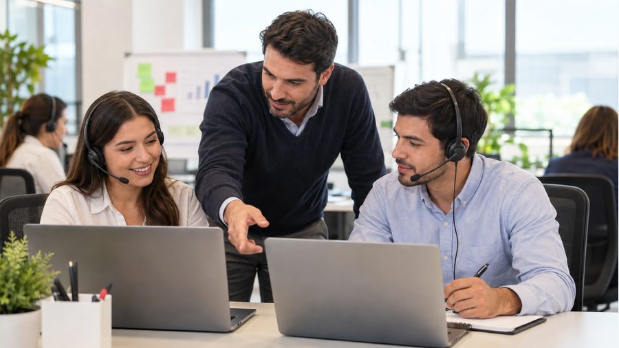 Equipo comercial recibiendo acompañamiento operativo con portátiles y auriculares