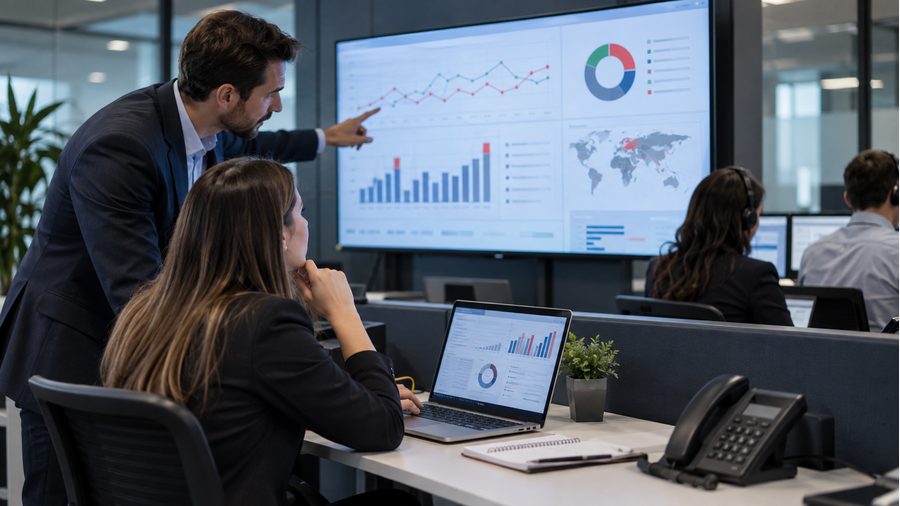 Equipo revisando indicadores de gestión y seguimiento comercial