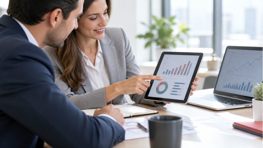 Profesionales revisando oportunidades comerciales en una tablet